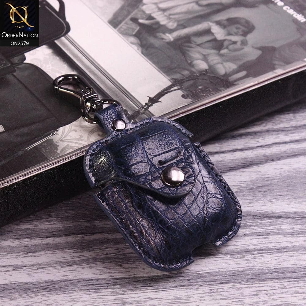 Apple Airpods 1 / 2 Cover - Blue - Vintage Style Stitched Leather Flip Case