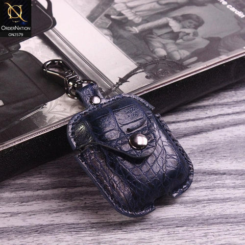 Apple Airpods 1 / 2 Cover - Blue - Vintage Style Stitched Leather Flip Case