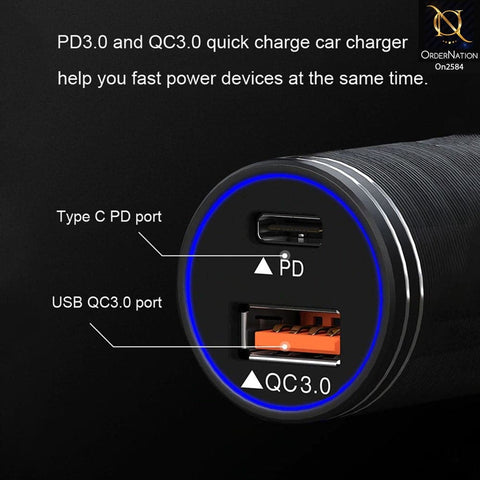 Black - Uffens C11 Qualcomm Quick Car Charger 3.0 Usb & Type C