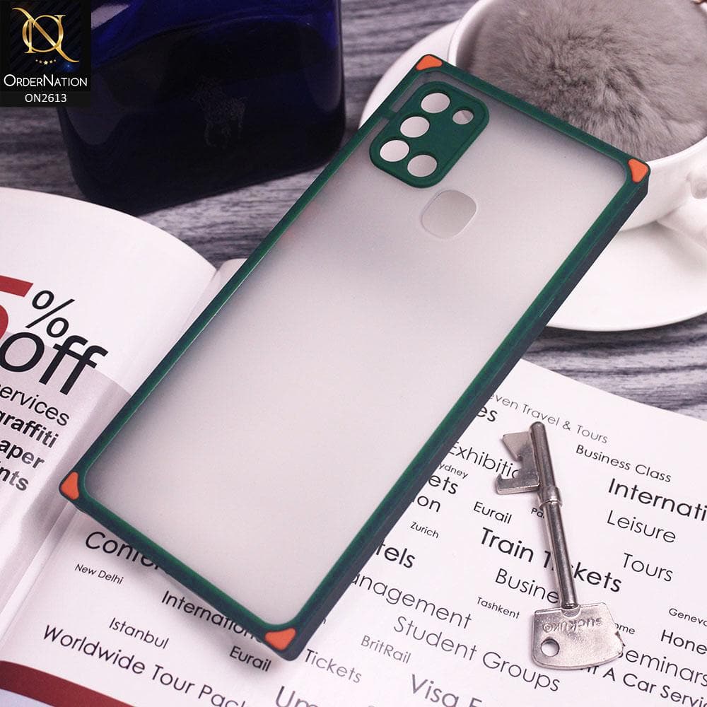 Samsung Galaxy A21s Cover - Green - Square Style Semi Tranparent Color Soft Frame Matte Hard Case