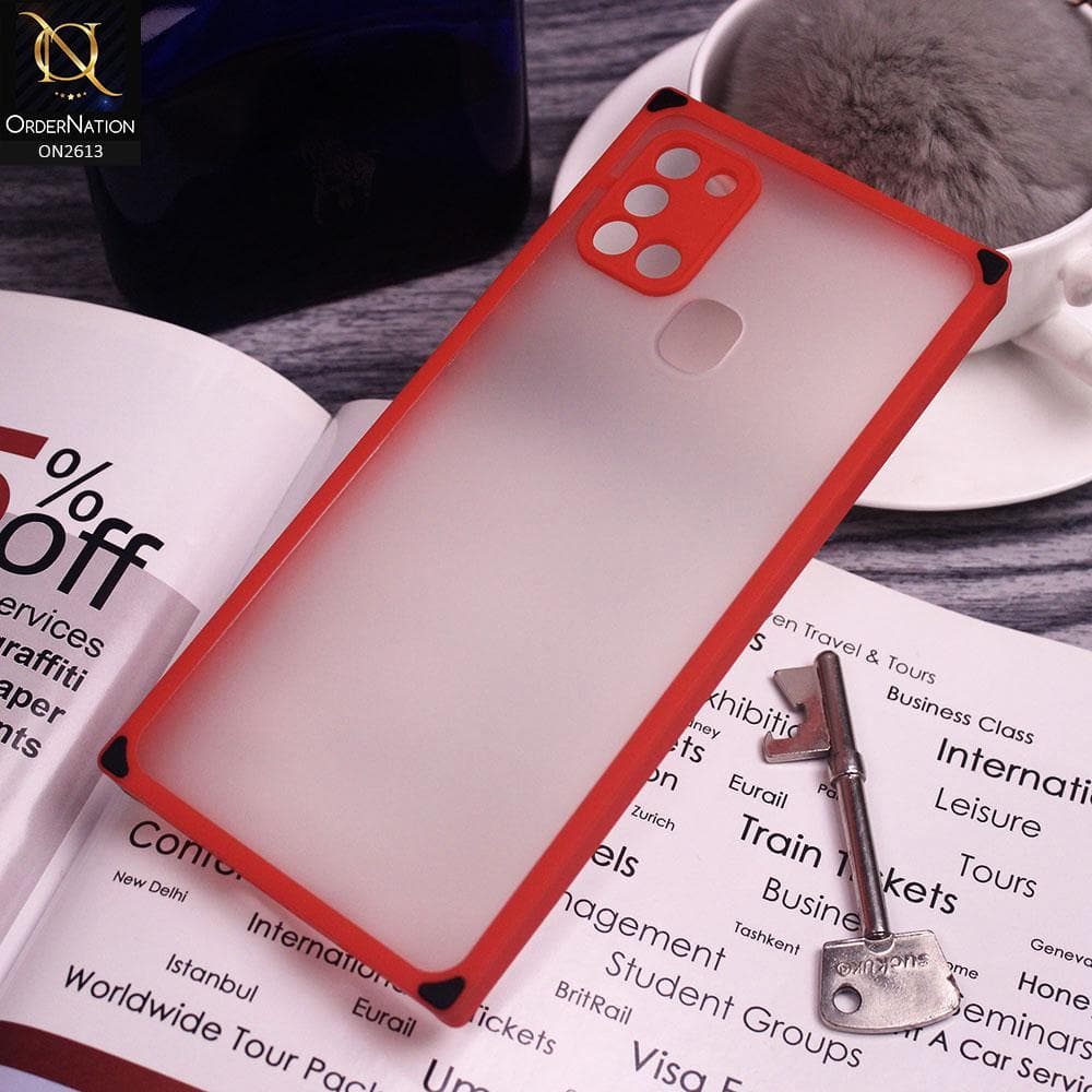 Samsung Galaxy A21s Cover - Red - Square Style Semi Tranparent Color Soft Frame Matte Hard Case