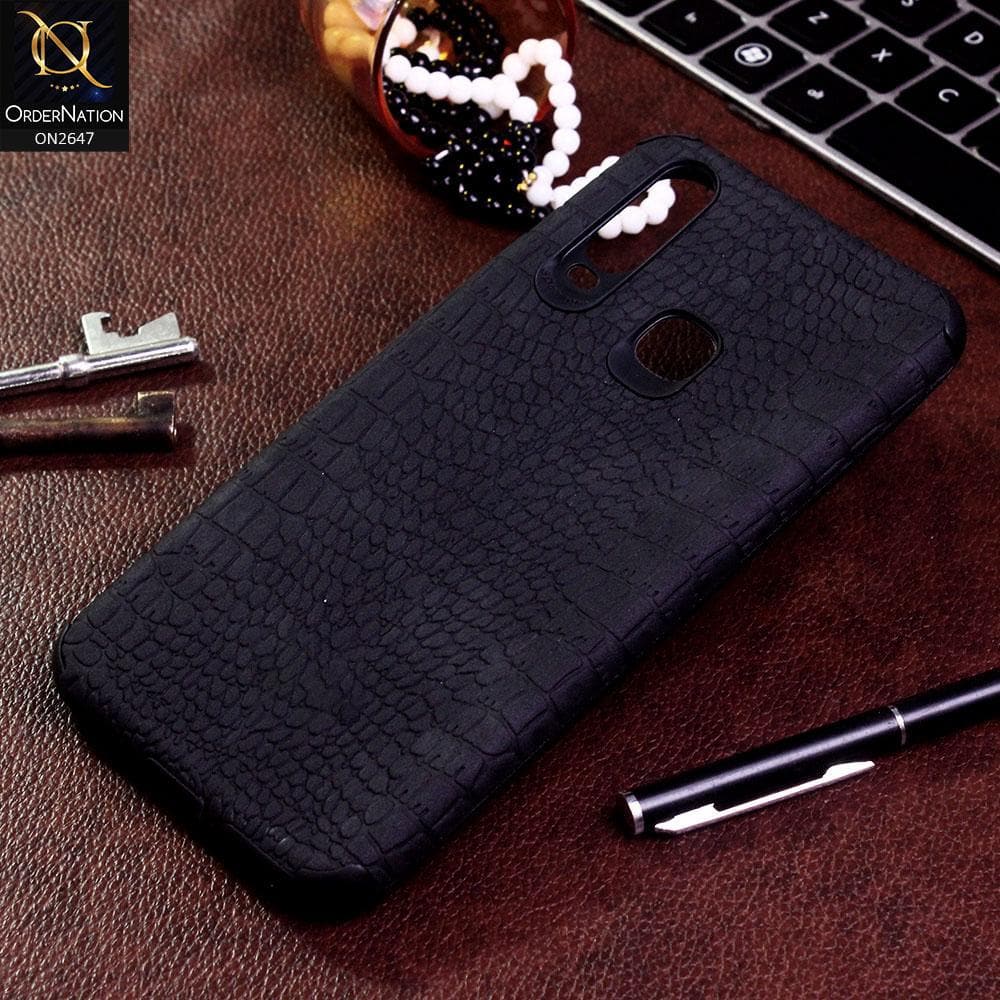 Vivo Y15 Cover - Black - New Crocks Texture Synthetic Leather Soft TPU Case