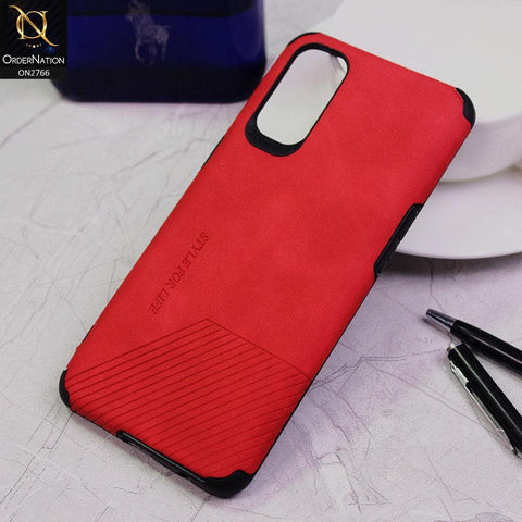 Oppo Reno 4 Cover - Red - Stylish PU Leather Diagonal Lines Soft Case