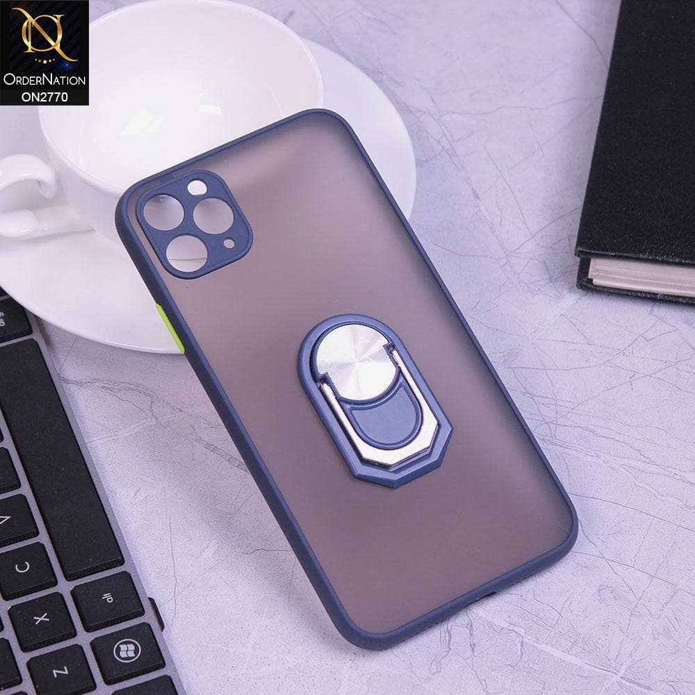 iPhone 11 Pro Max Cover - Blue - Semi Tranparent Matte Hard PC Camera Protection Kick Stand Ring Holder Protective Case