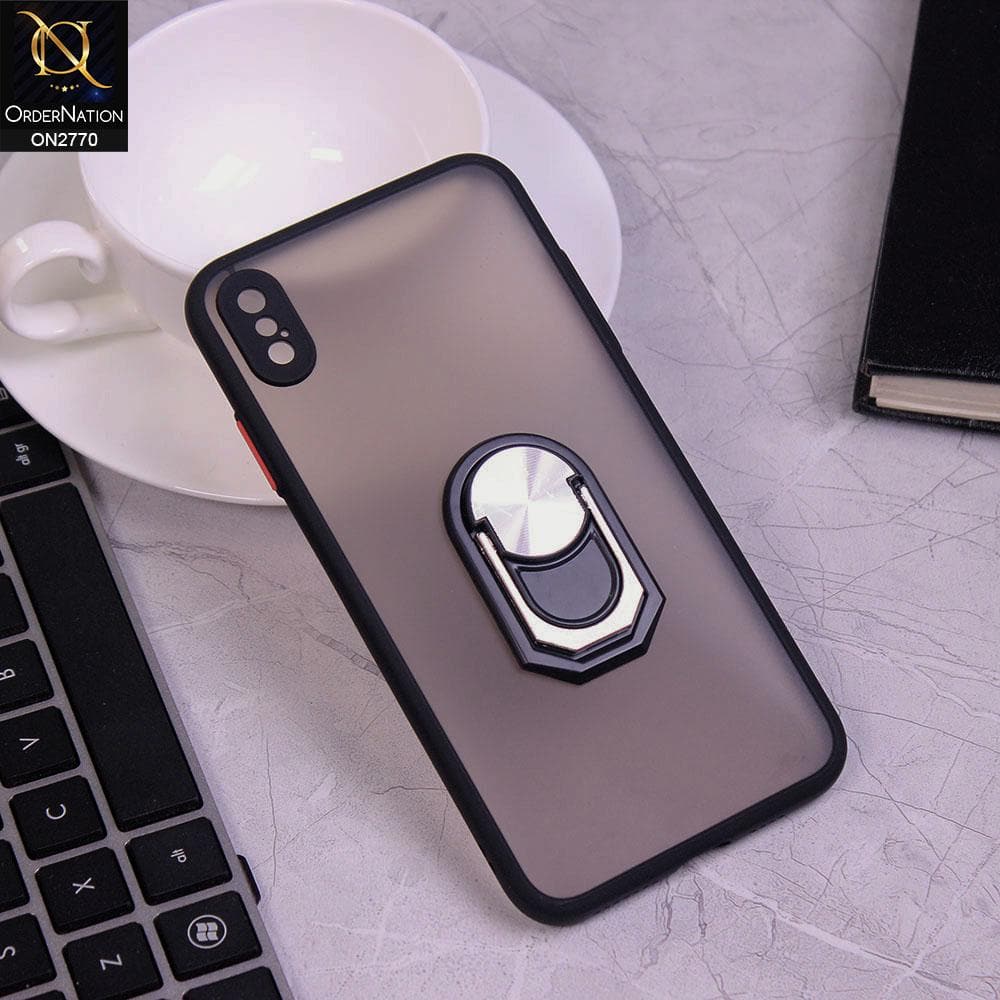 iPhone XS Max Cover - Black - Semi Tranparent Matte Hard PC Camera Protection Kick Stand Ring Holder Protective Case