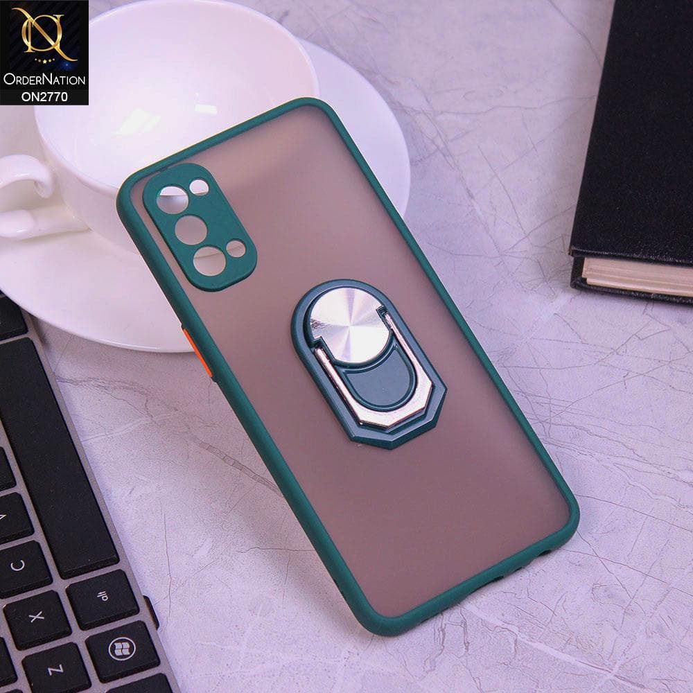 Oppo Reno 4 Cover - Green - Semi Tranparent Matte Hard PC Camera Protection Kick Stand Ring Holder Protective Case