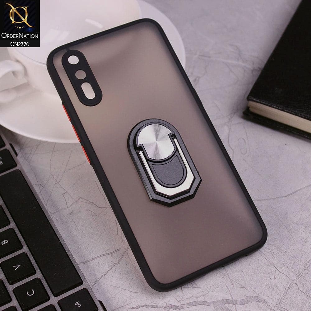 Vivo S1 Cover - Black - Semi Tranparent Matte Hard PC Camera Protection Kick Stand Ring Holder Protective Case