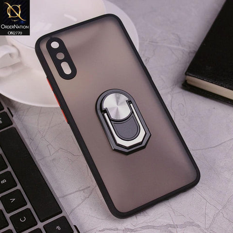 Vivo S1 Cover - Black - Semi Tranparent Matte Hard PC Camera Protection Kick Stand Ring Holder Protective Case