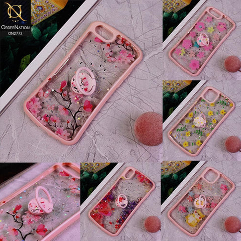 iPhone XS / X Cover -Design 5 - New Stylish Floral Glitter Soft Border Case with Ring Holder