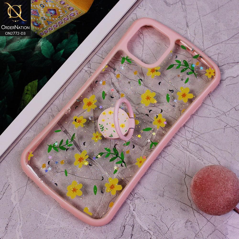 iPhone 11 Pro Max Cover -Design 3 - New Stylish Floral Glitter Soft Border Case with Ring Holder