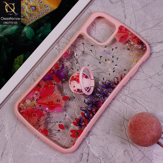 iPhone 11 Pro Max Cover -Design 5 - New Stylish Floral Glitter Soft Border Case with Ring Holder