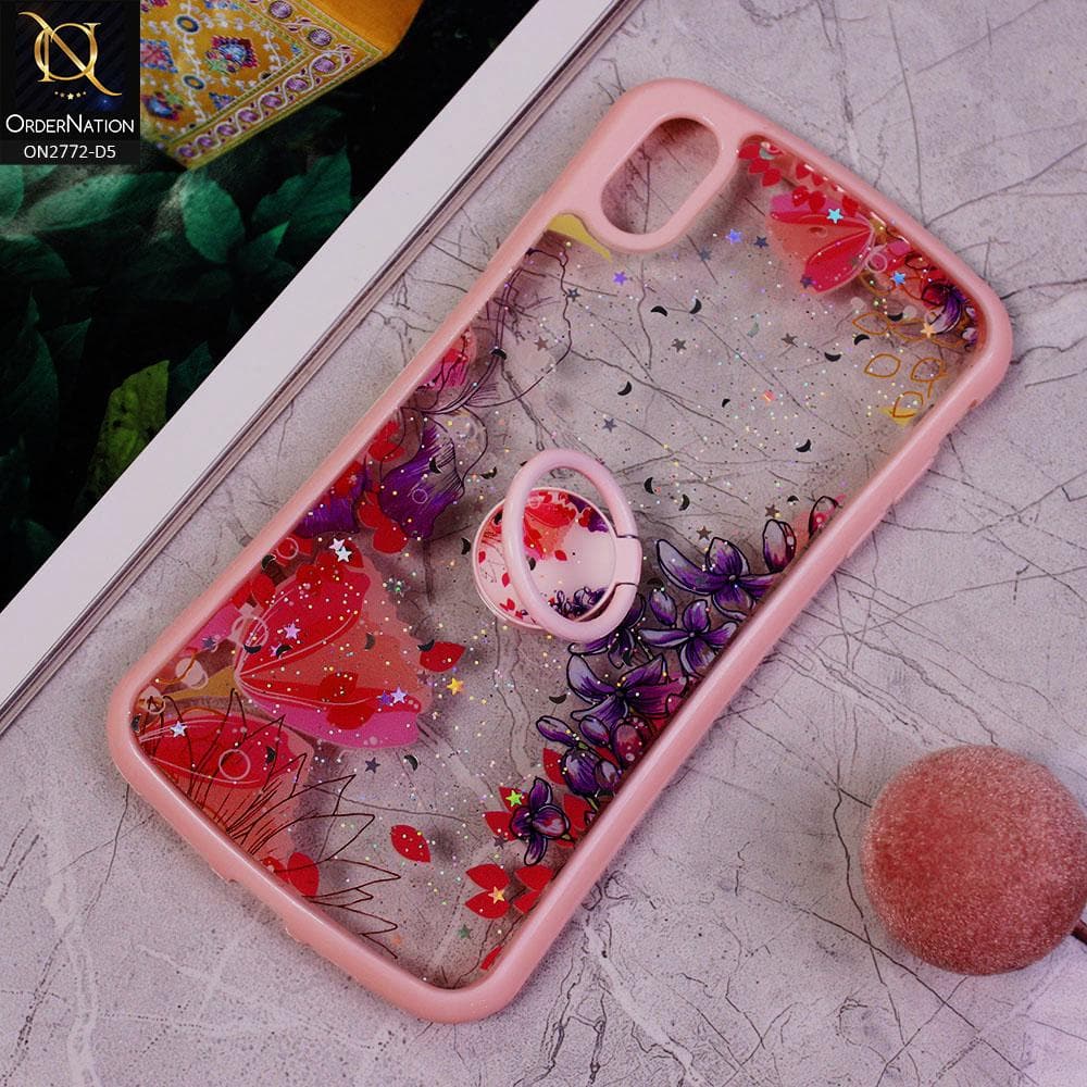iPhone XS / X Cover -Design 5 - New Stylish Floral Glitter Soft Border Case with Ring Holder