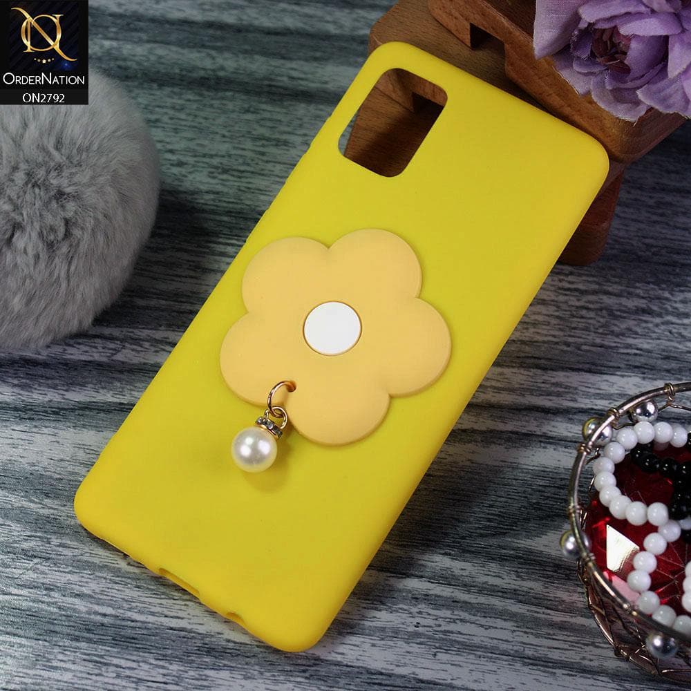 Oppo A52 Cover - Yellow - Soft Vintage Floral Case With Droping Pearl Stone