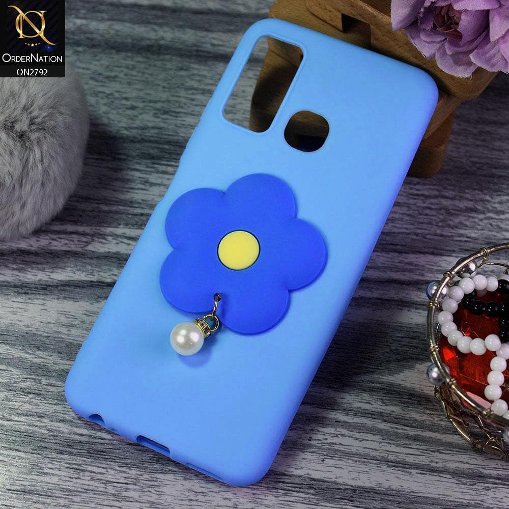 Infinix Hot 9 Cover - Sky Blue - Soft Vintage Floral Case With Droping Pearl Stone
