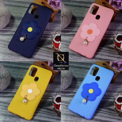 Oppo A92 Cover - Sky Blue - Soft Vintage Floral Case With Droping Pearl Stone