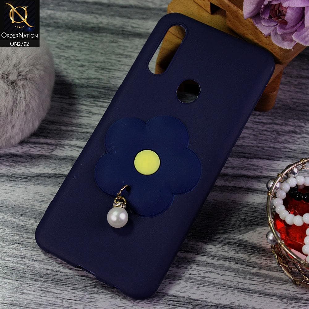 Oppo A8 Cover - Dark Blue - Soft Vintage Floral Case With Droping Pearl Stone