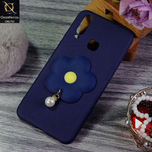 Vivo Y15 Cover - Dark Blue - Soft Vintage Floral Case With Droping Pearl Stone