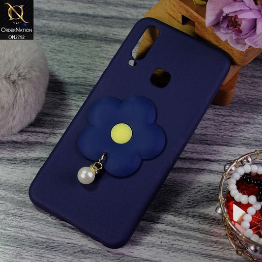 Vivo Y17 Cover - Dark Blue - Soft Vintage Floral Case With Droping Pearl Stone