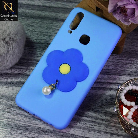 Vivo Y17 Cover - Sky Blue - Soft Vintage Floral Case With Droping Pearl Stone