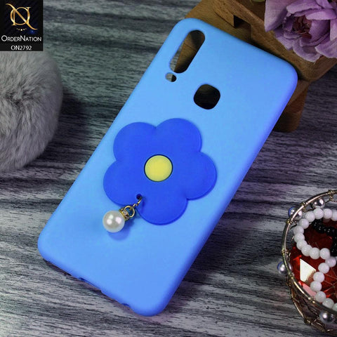 Vivo Y15 Cover - Sky Blue - Soft Vintage Floral Case With Droping Pearl Stone