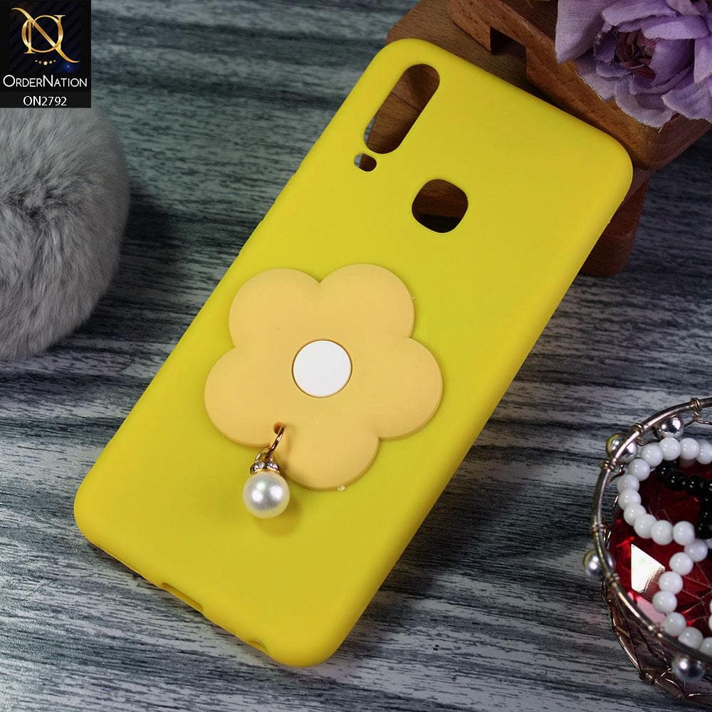 Vivo Y15 Cover - Yellow - Soft Vintage Floral Case With Droping Pearl Stone