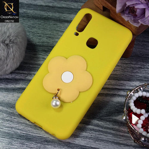 Vivo Y17 Cover - Yellow - Soft Vintage Floral Case With Droping Pearl Stone