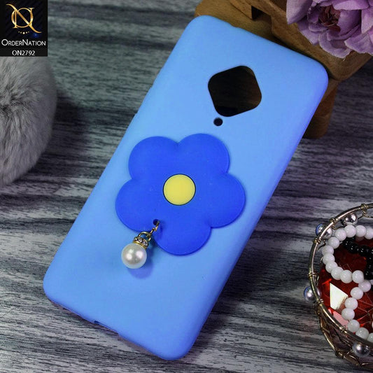 Vivo Y51 2020 Cover - Sky Blue - Soft Vintage Floral Case With Droping Pearl Stone