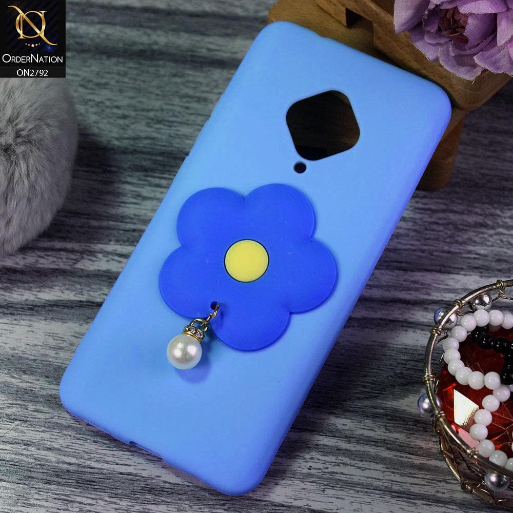 Vivo S1 Pro Cover - Sky Blue - Soft Vintage Floral Case With Droping Pearl Stone