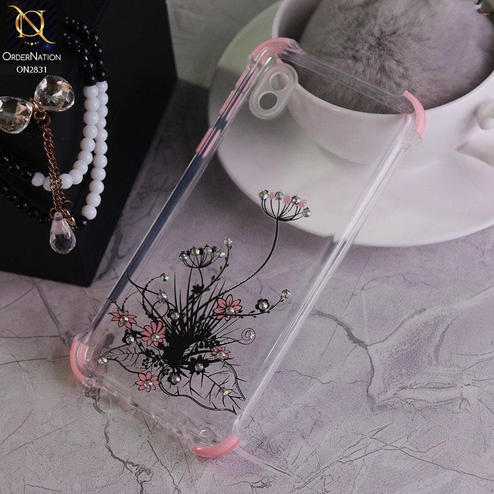 Samsung Galaxy A01 Core Cover - Pink - Floral Series Rhinestone Transparent Soft Case