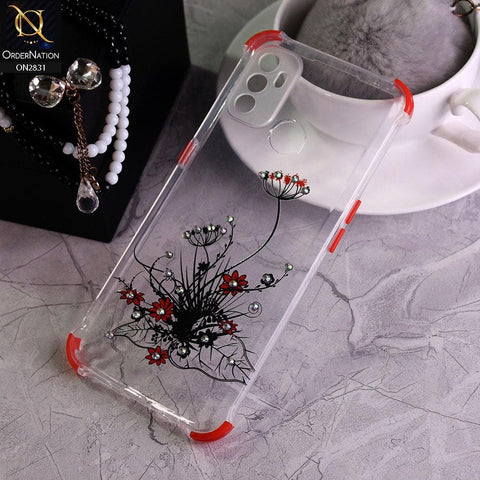 Oppo A53 Cover - Red - Floral Series Rhinestone Transparent Soft Case