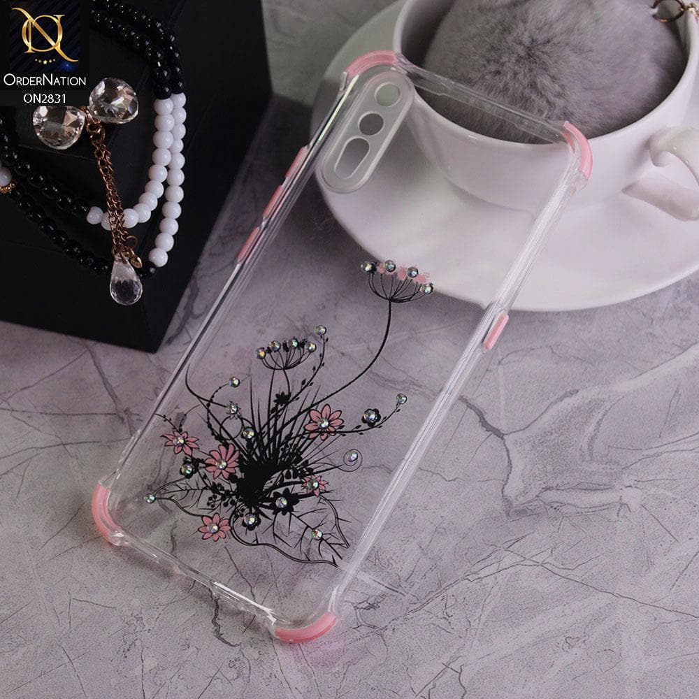 Vivo S1 Cover - Pink - Floral Series Rhinestone Transparent Soft Case