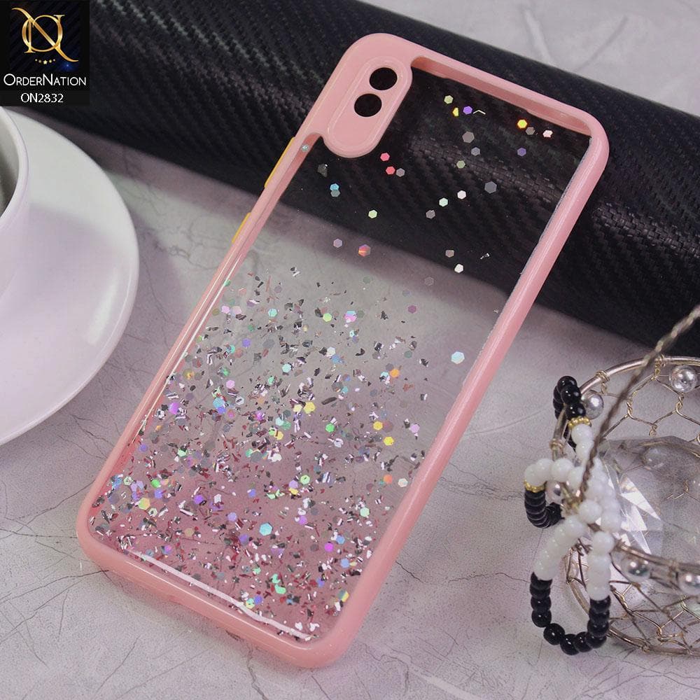 Xiaomi Redmi 9A Cover - Pink - 3D Look Silver Foil Back Shell Case - Glitter Does not Move