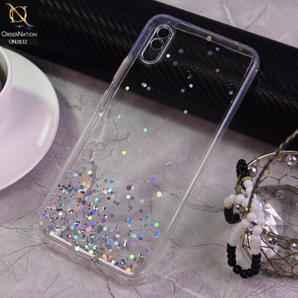 Xiaomi Redmi 9i Cover - White - 3D Look Silver Foil Back Shell Case - Glitter Does not Move