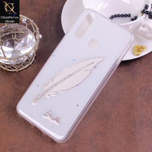 Vivo Y15 Cover - White - Rhinestone Stylish Feather Soft Glitter Case - Glitter Does Not Move