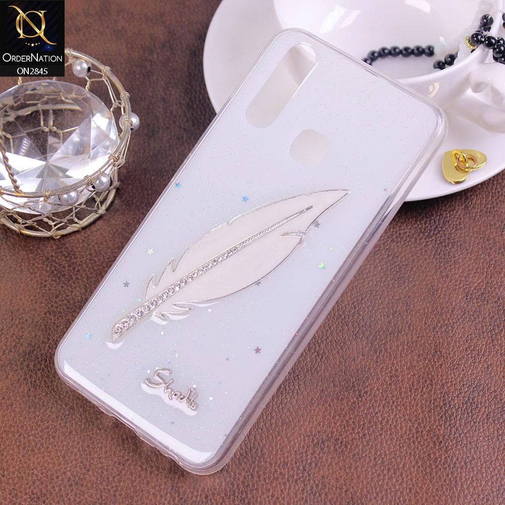 Vivo Y17 Cover - White - Rhinestone Stylish Feather Soft Glitter Case - Glitter Does Not Move