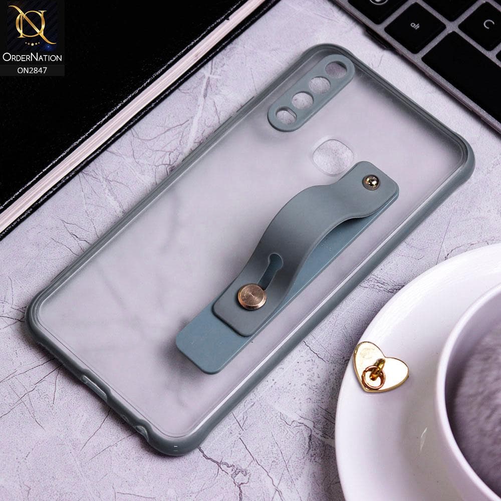 Vivo Y17 Cover - Gray - Semi Tranparent Soft Borders Matte Hard PC with Grip Holder Camera Protection Case