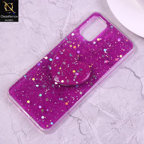 Oppo A52 Cover - Magenta - Shiny Star Glitter Soft Border Case with Heart Mobile Holder - Glitter Does Not Move