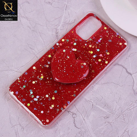 Oppo A92 Cover - Red - Shiny Star Glitter Soft Border Case with Heart Mobile Holder - Glitter Does Not Move