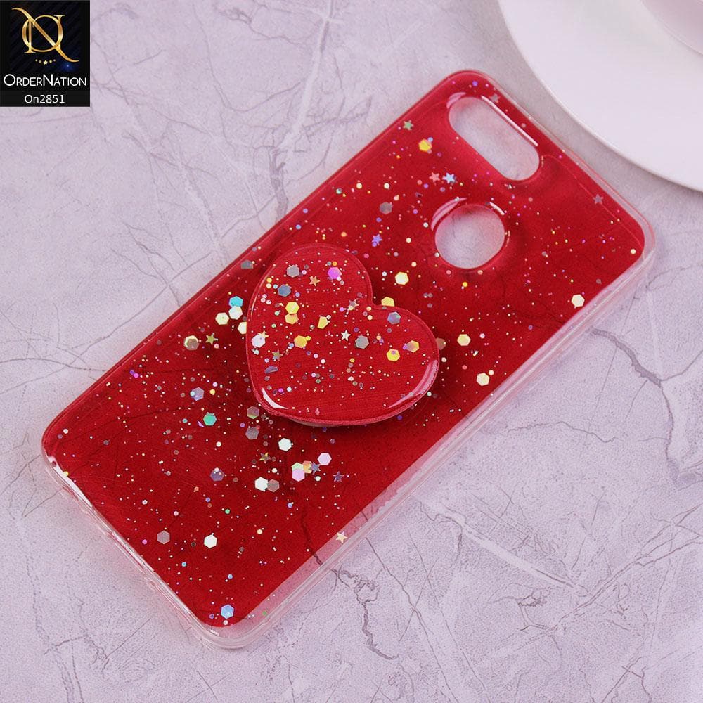 Oppo F9 / F9 Pro Cover - Red - Shiny Star Glitter Soft Border Case with Heart Mobile Holder - Glitter Does Not Move