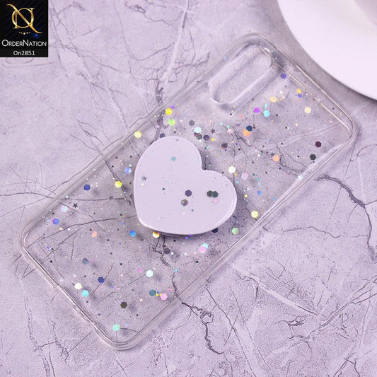 Vivo S1 Cover - White - Shiny Star Glitter Soft Border Case with Heart Mobile Holder - Glitter Does Not Move