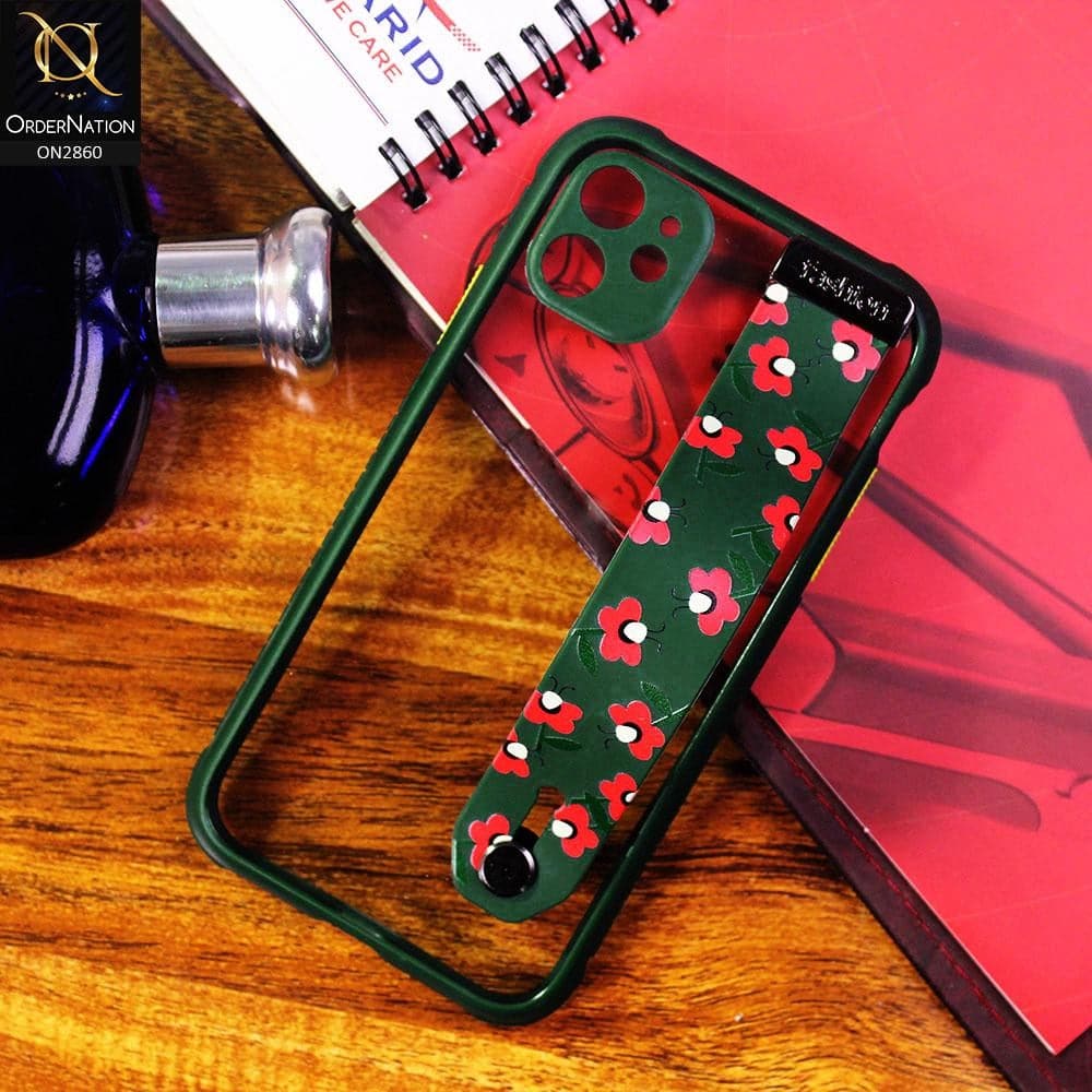iPhone 12 Mini Cover - Dark Green - Shockproof Bumper Transparent Case with Hand Straps