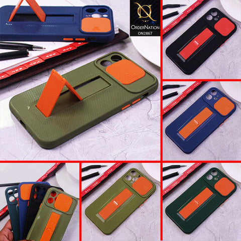 iPhone 12 Cover - Blue - Soft TPU Camera Slide Protection Case with Kick Stand
