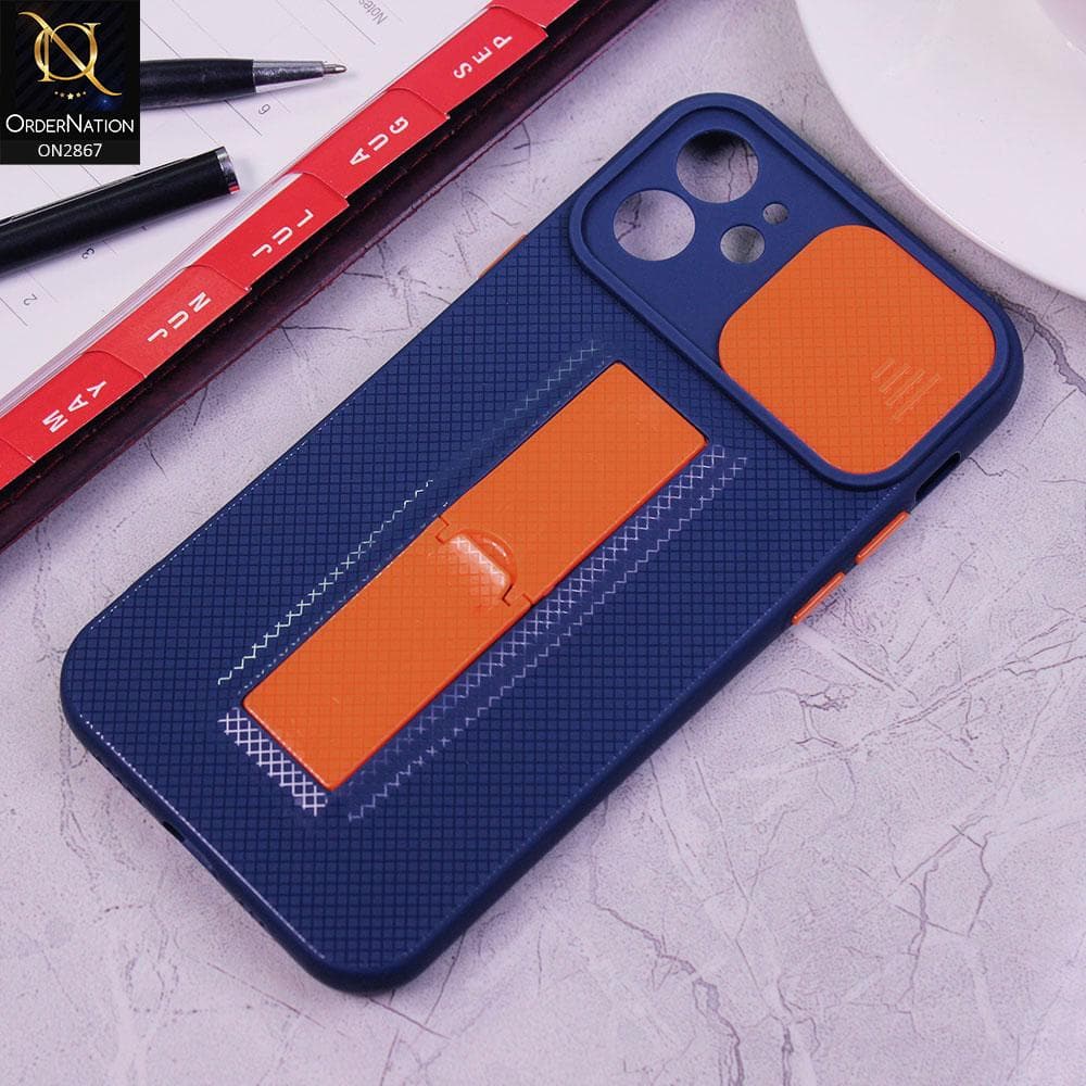 iPhone 12 Cover - Blue - Soft TPU Camera Slide Protection Case with Kick Stand