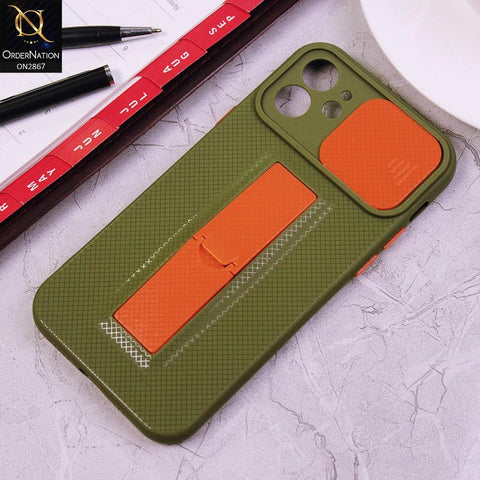 iPhone 12 Cover - Light Green - Soft TPU Camera Slide Protection Case with Kick Stand