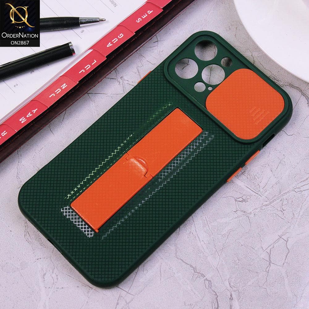 iPhone 12 Pro Cover - Dark Green - Soft TPU Camera Slide Protection Case with Kick Stand
