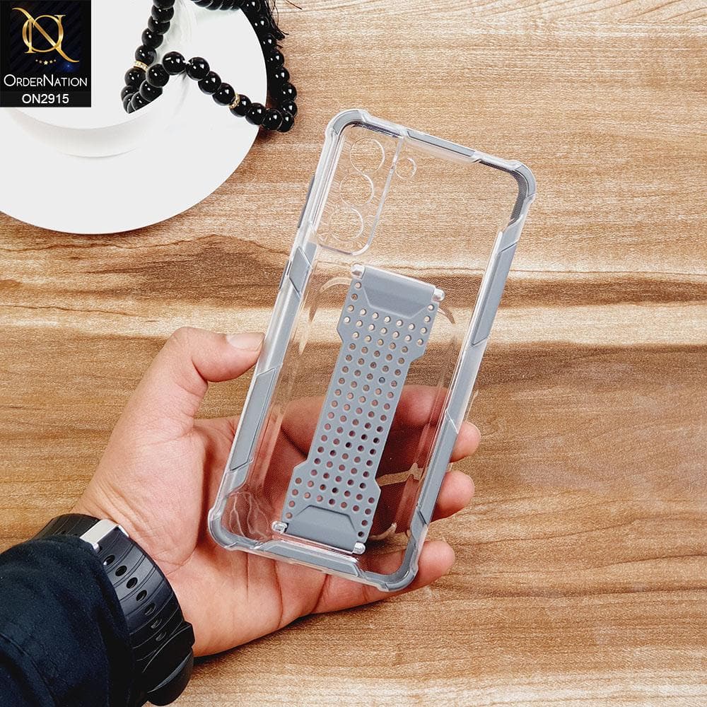 Samsung Galaxy S21 Plus 5G Cover - Gray - New Style Hybrid Soft Bumper Finger Grip Holder Transparent Case