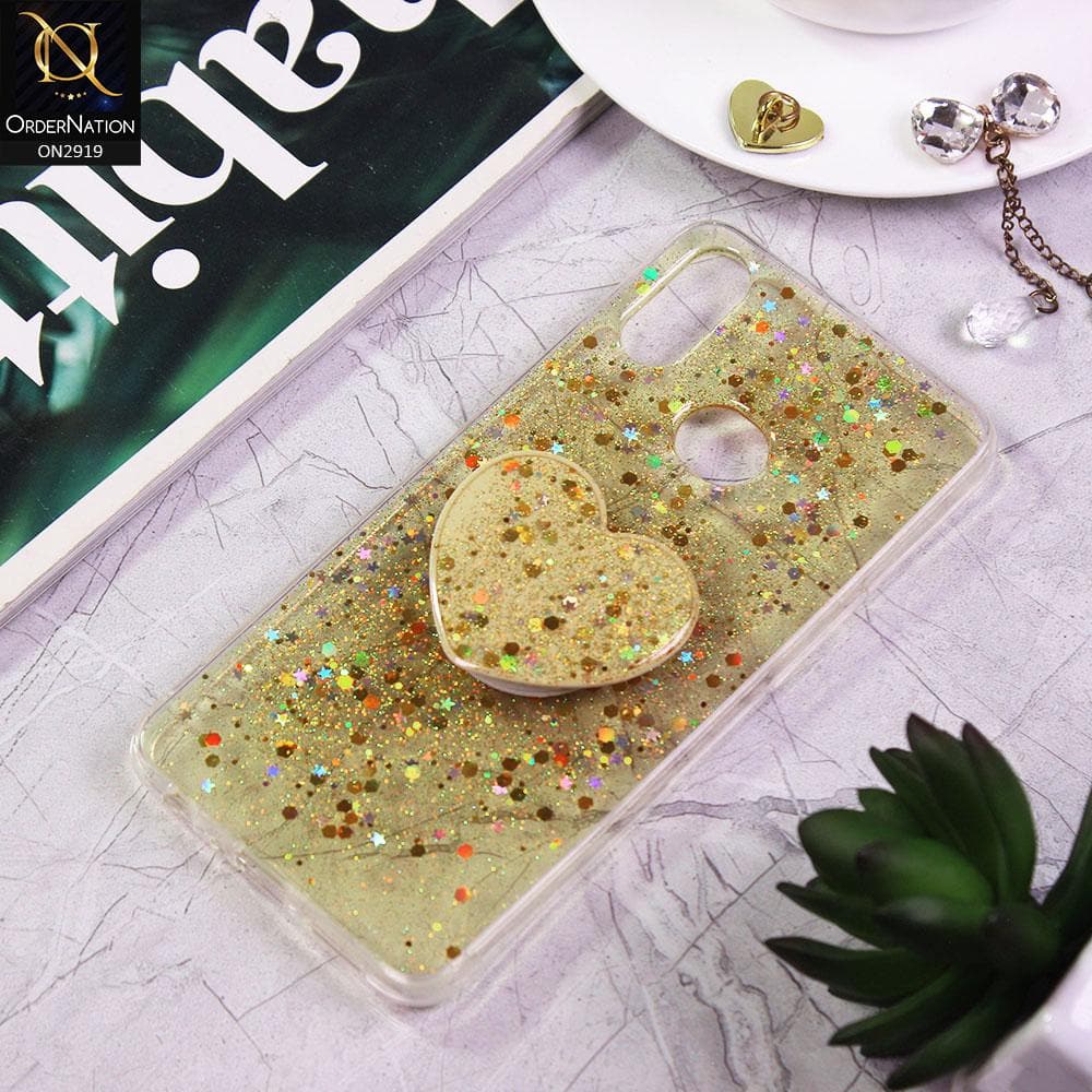 Samsung Galaxy A10s Cover - Yellow - Shiny Fancy Glitter Case with Heart Mobile Holder - Glitter Does Not Move