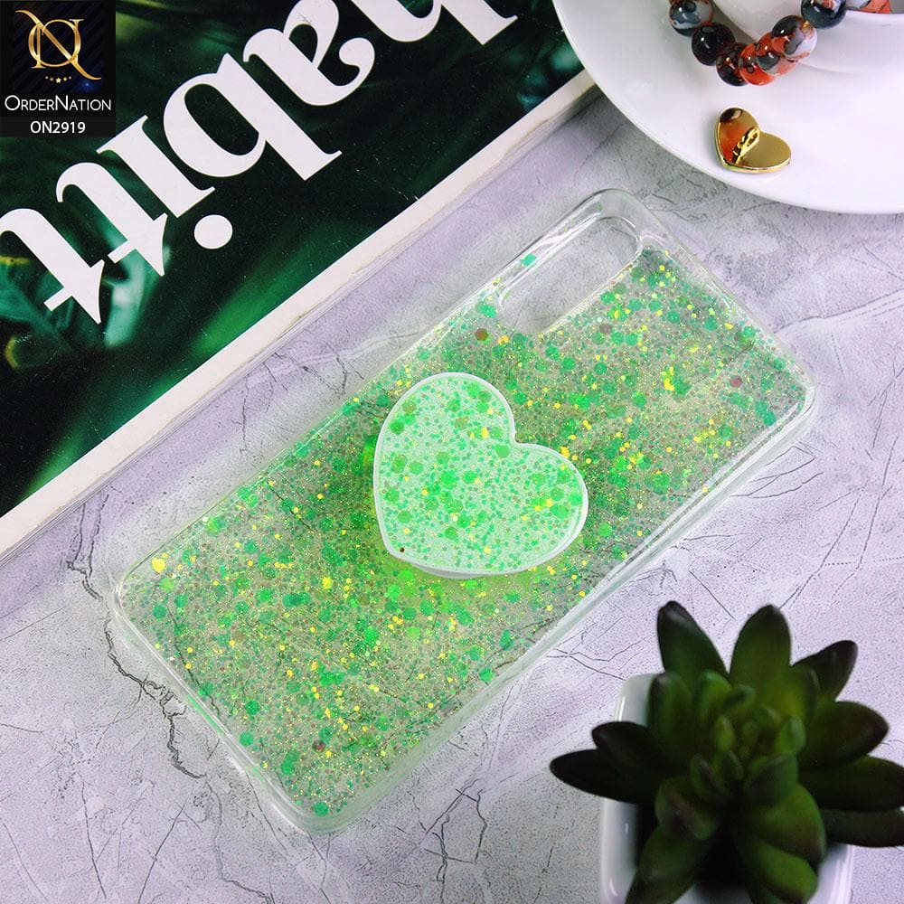 Samsung Galaxy A50 Cover - Green - Shiny Fancy Glitter Case with Heart Mobile Holder - Glitter Does Not Move