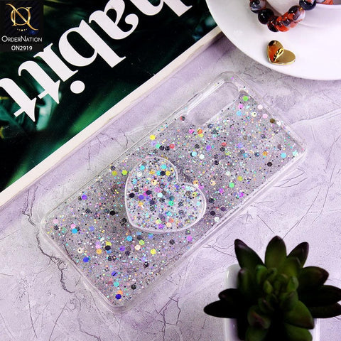 Samsung Galaxy A50 Cover - Silver - Shiny Fancy Glitter Case with Heart Mobile Holder - Glitter Does Not Move