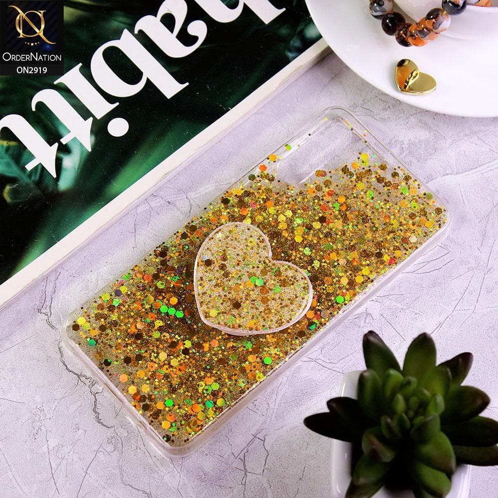 Samsung Galaxy A50 Cover - Yellow - Shiny Fancy Glitter Case with Heart Mobile Holder - Glitter Does Not Move